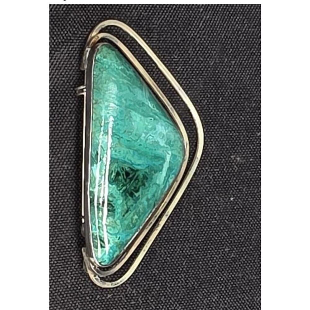 Vintage Israel 925 Sterling Silver Turquoise Green Stone Modernist Brooch 20.7g